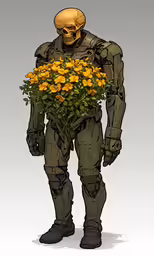 an alien soldier carrying a bunch of flowers
