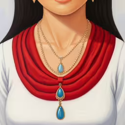a woman is shown with large statement necklaces,this is a painting of a woman