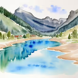 /tmp/FOOk7Xsxf.jpg = watercolor painting of a mountain and river in daylight
,/tmp/FOOk7Xsxf.jpg = a painting of a mountain stream running between a forest
,/tmp/FOOk7Xsxf.jpg = a painting of a scenic mountain and river scene
,/tmp/FOOk7Xsxf.jpg = a painting with water and green hills
,/tmp/FOOk7Xsxf.jpg = a painting of a river and mountains in the background
,/tmp/FOOk7Xsxf.jpg = watercolor painting of mountains and river flowing through them
,/tmp/FOOk7Xsxf.jpg = this painting has blue, green and brown colors
