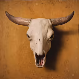 a cow skull with long horns sitting on the wall
