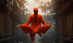 the person wearing orange attire is doing yoga in front of trees