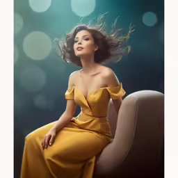 a woman in a yellow dress sitting on a couch