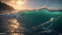 the waves of a wave breaking on the beach,a wave crashing into the shore with sun shining through