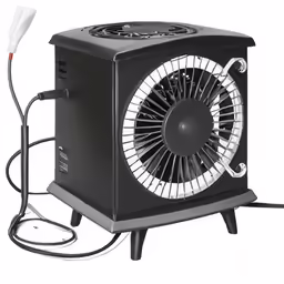 an electric fan that is plugged into the back end of a heater