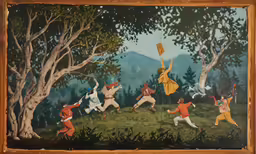 an ancient painting showing a group of people playing outside in the forest