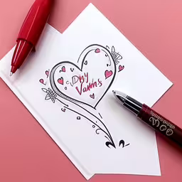 a red pen is resting next to an empty card,a red pen on top of a piece of paper with a valentine card and a red marker