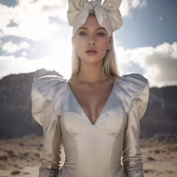 the woman wearing a white dress has a big bow on her head