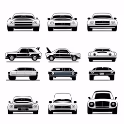 some cars that are all in black and white,a set of silhouettes of classic cars with flat body types,a set of vintage american cars,a bunch of different cars are shown in this black and white illustration,six different cars with the hood down