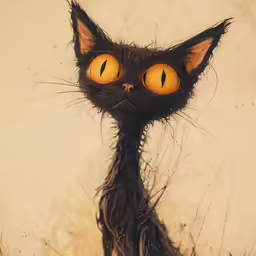 a black cat with yellow eyes is in the grass