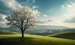 the lone tree is standing alone on the hill