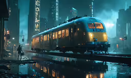 an artistic image of a train coming down the track,a person standing next to a train in the fog