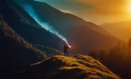 a man standing on a mountain holding a camera