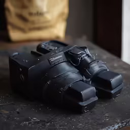 a canon camera laying on a table next to a bag