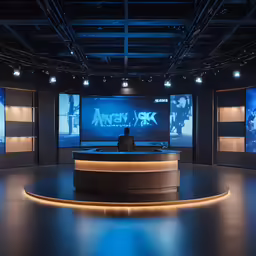 a television station has several blue screens and a person in a chair sitting at a desk