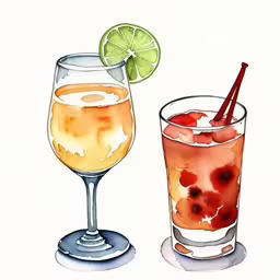 two drink glasses, one with lemon, the other with watercolor,a watercolor drawing of two drink glasses filled with drinks and with one lime slice on the side