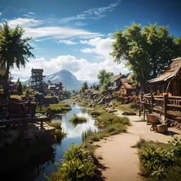a scenic photo with a wooden cabin and river