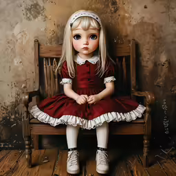 a doll sitting on a bench next to a wall