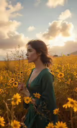 a woman with long dark hair standing in a field of sunflowers