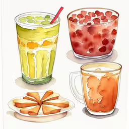 an image of three drinks in glasses watercolor,four cups of drinks and two bowls of different kinds