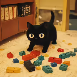 black kitten on bed with piles of toy blocks