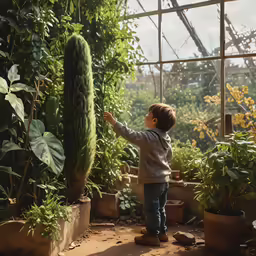 little boy in a greenhouse reaching up to an avocado