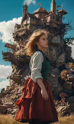 a woman in a red and green dress looks to her left as she stands next to a building that appears to be an ornate structure