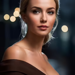 a woman is posing for a portrait with lights behind her