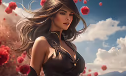 a woman with very long hair posing in front of flowers