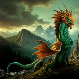 a dragon statue sitting on a rocky hillside