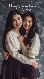 two women embracing for the camera,two asian women hugging while posing for a picture