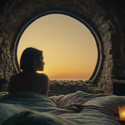 woman sitting on bed in the sun setting