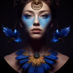 woman with blue and gold face paint decorated like butterflies