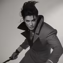 an individual posing for the camera in a picture with a sword