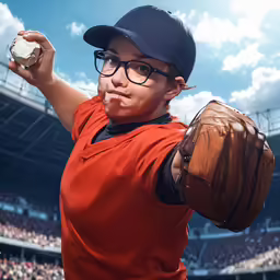 a baseball player with glasses holds his glove while in the stadium