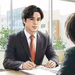 a businessman and a businesswoman doing tasks in front of a window