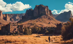 a man is walking down a trail through the mountains