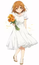 an anime girl wearing a white dress holding flowers