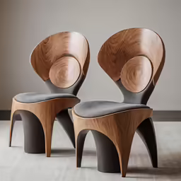 two chairs made from wood and fabric