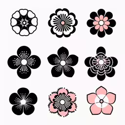 a collection of six different flower patterns,four types of flower with black and pink petals