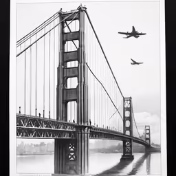 an airplane is flying over a bridge and tower