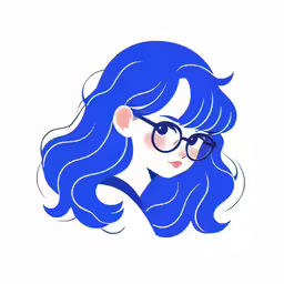 the head of a little girl with blue hair wearing glasses