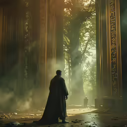 there is a man in a full cape looking at the trees
