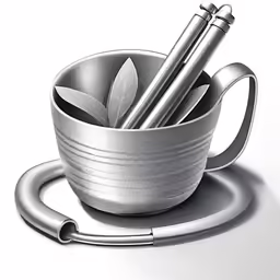 a pencil drawing of a mug filled with spoons and an umbrella