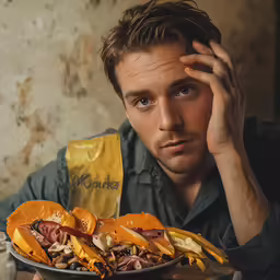 a man sitting at a table with several sandwiches