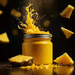 a jar of yellow color sitting on a table with slices of yellow fruit falling off the side