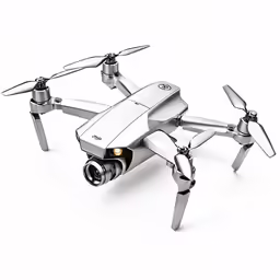 a silver quadcopter with propellers and two propellers