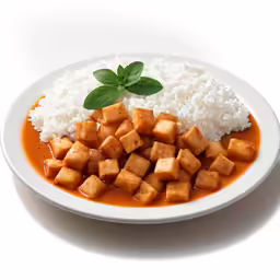 tofu and rice on a white plate with sauce