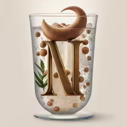 a letter with leaves and bubbles is displayed in a champagne glass