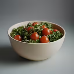 a white bowl with green and red leafy vegetables in it