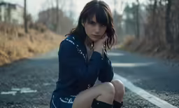 the young woman sitting on the side of the road